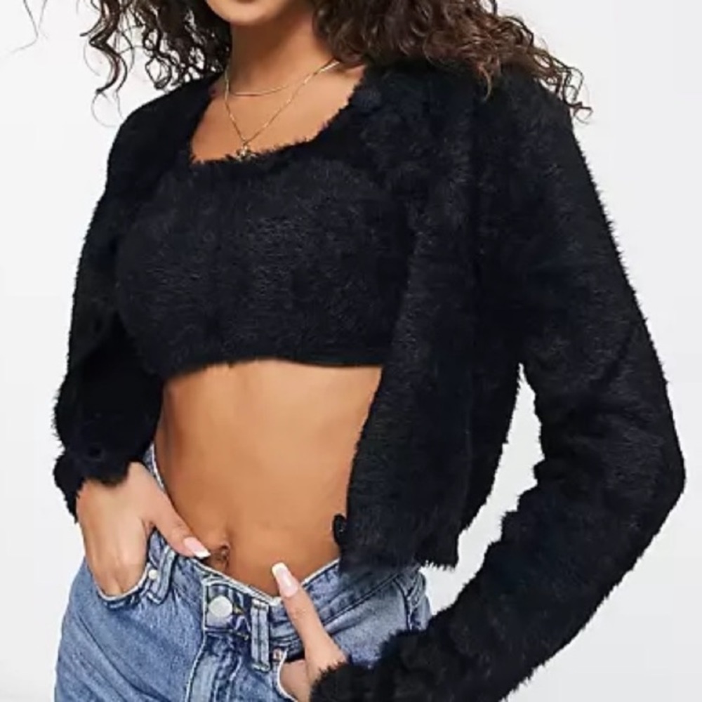 Charlie Holiday | Fuzzy Black Sweater Set/Cardigan and Bra Top